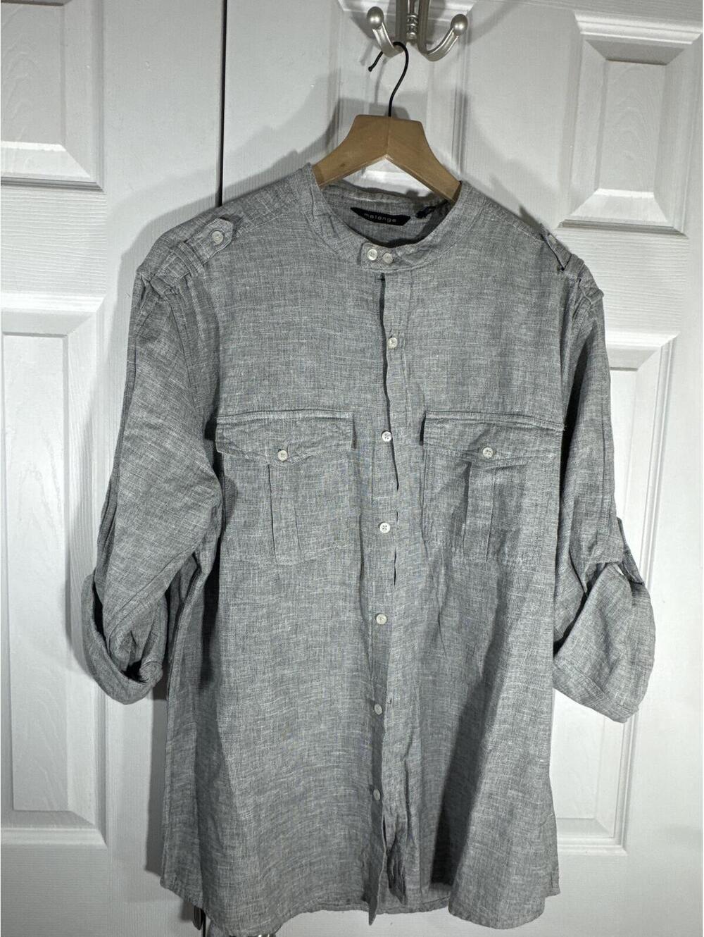 Melange Men's Gray Cotton Linen Blend Long Sleeve Button-Up